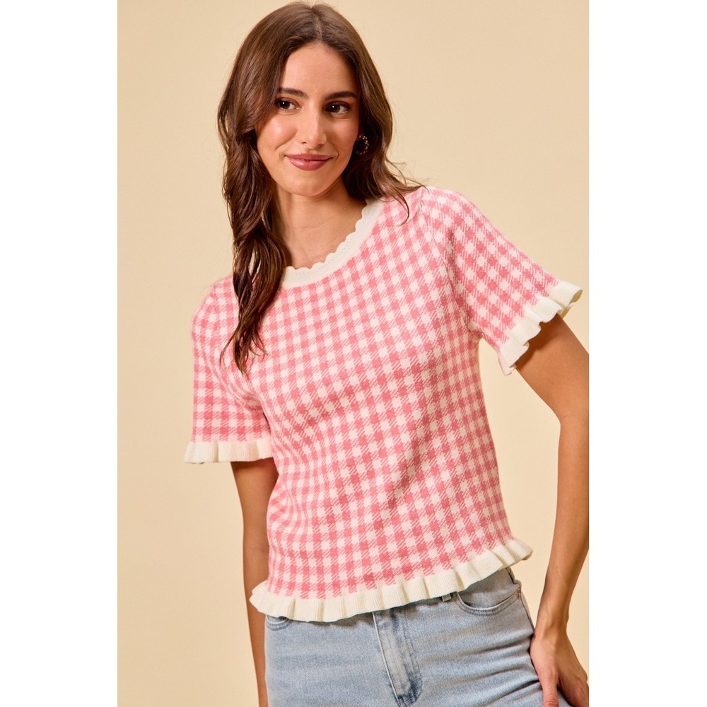 SO ME Gingham Knit Ruffled Short Sleeves Sweater Top - Pink - XL - Picture 9 of 12